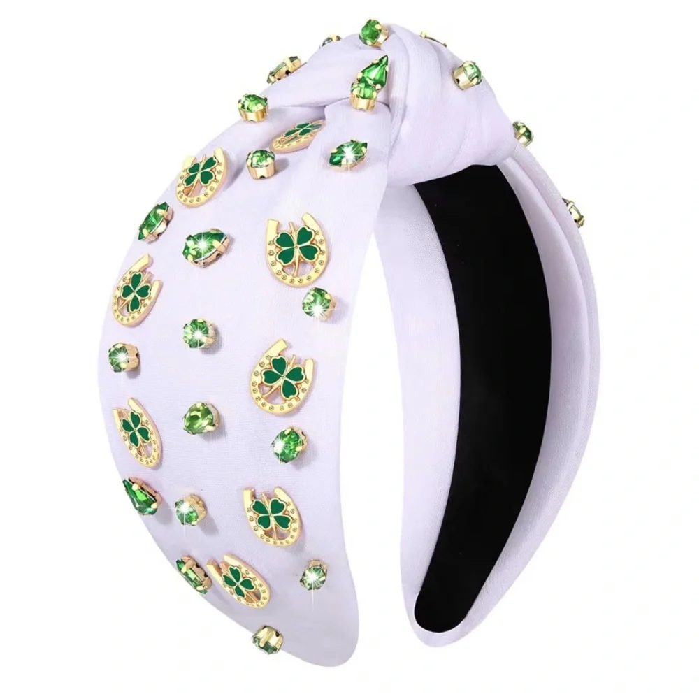 NWT White Knotted Headband with Green Gem Shamrock Horseshoe Accents